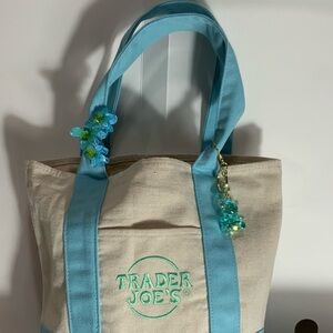 Trader Joe's Cream Canvas blue MINI tote bag